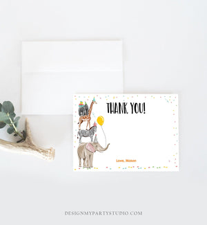 Editable Party Animals Thank You Card Note Wild One Safari Animals Boy Confetti Balloon Jungle Zoo Download Printable Corjl Template 0142