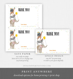 Editable Party Animals Thank You Card Note Wild One Safari Animals Boy Confetti Balloon Jungle Zoo Download Printable Corjl Template 0142