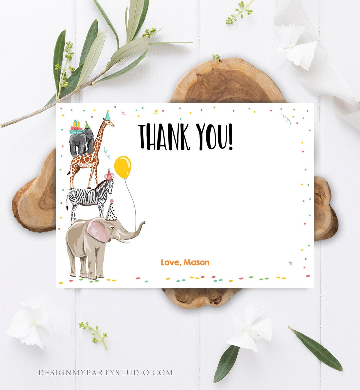 Editable Party Animals Thank You Card Note Wild One Safari Animals Boy Confetti Balloon Jungle Zoo Download Corjl Template Printable 0142