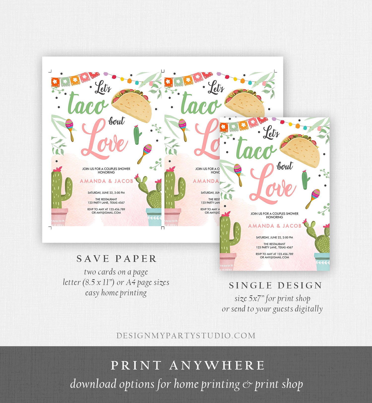 Editable Taco Bout Love Fiesta Couples Shower Invite Cactus Bridal Shower Taco Digital Download Evite Template Printable 0254