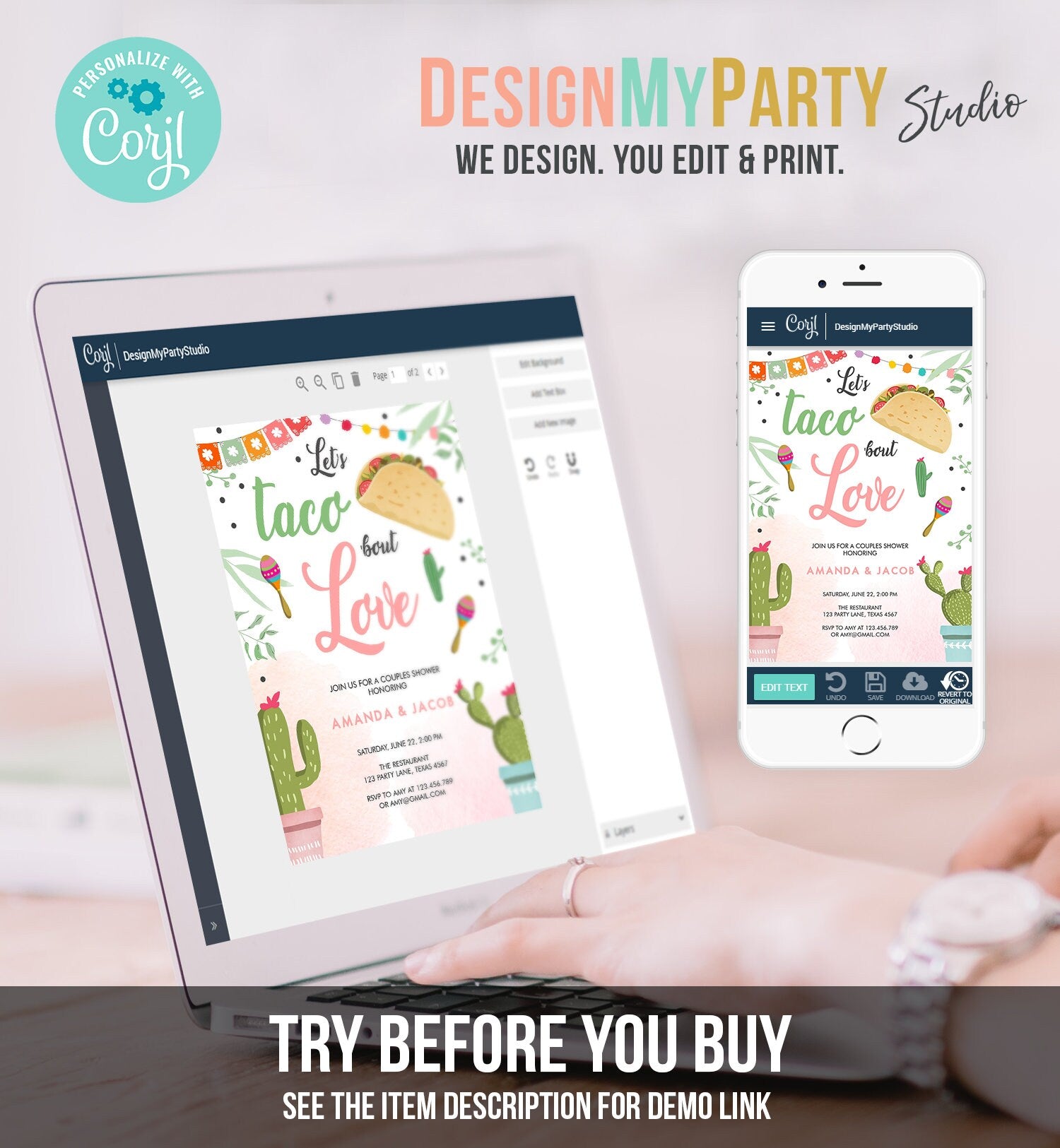 Editable Taco Bout Love Fiesta Couples Shower Invite Cactus Bridal Shower Taco Digital Download Evite Template Printable 0254