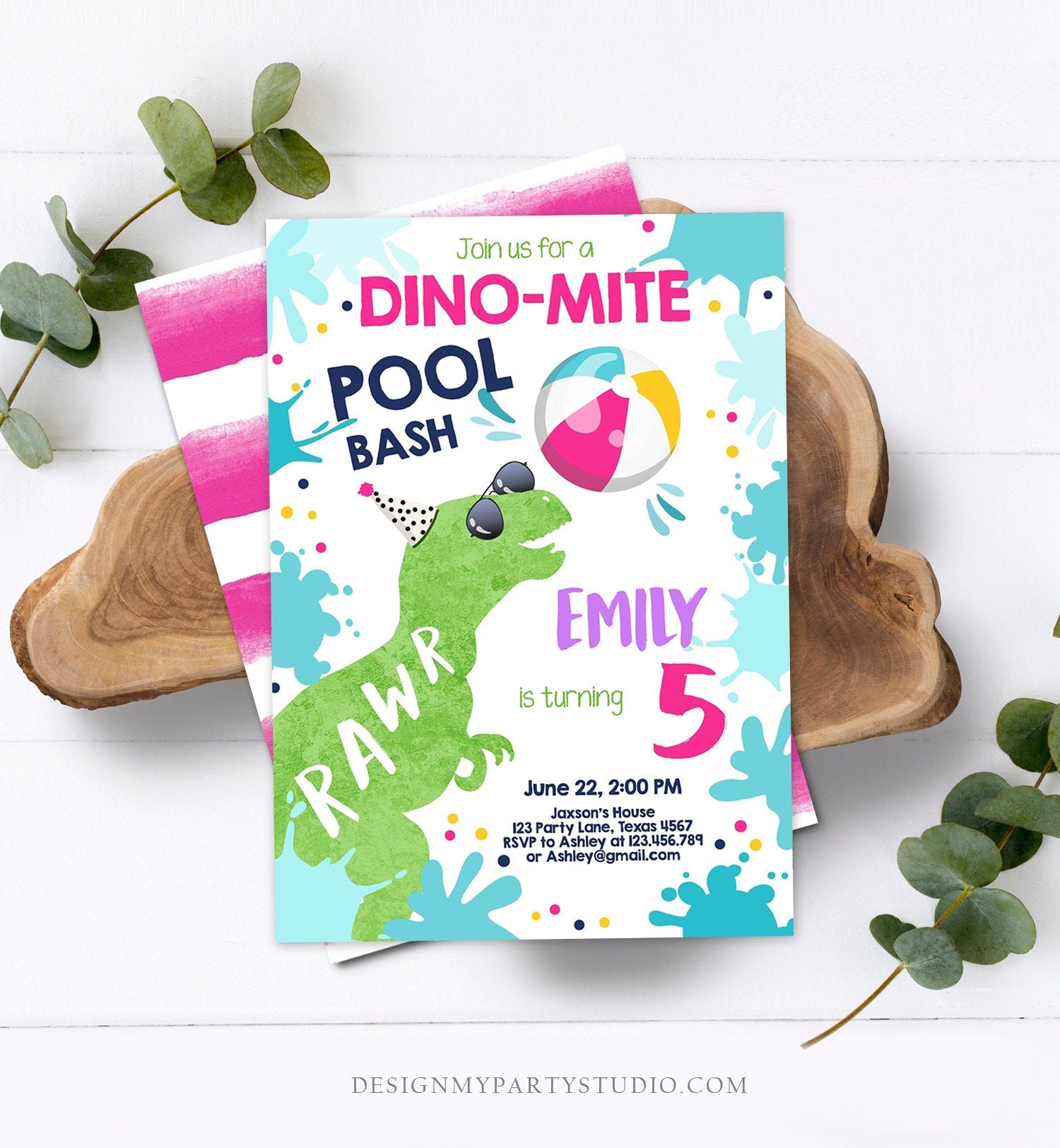 Editable Dinosaur Pool Party Birthday Invitation Dinosaur Birthday Dino T-Rex Girl Bash Download Printable Invitation Template Corjl 0305