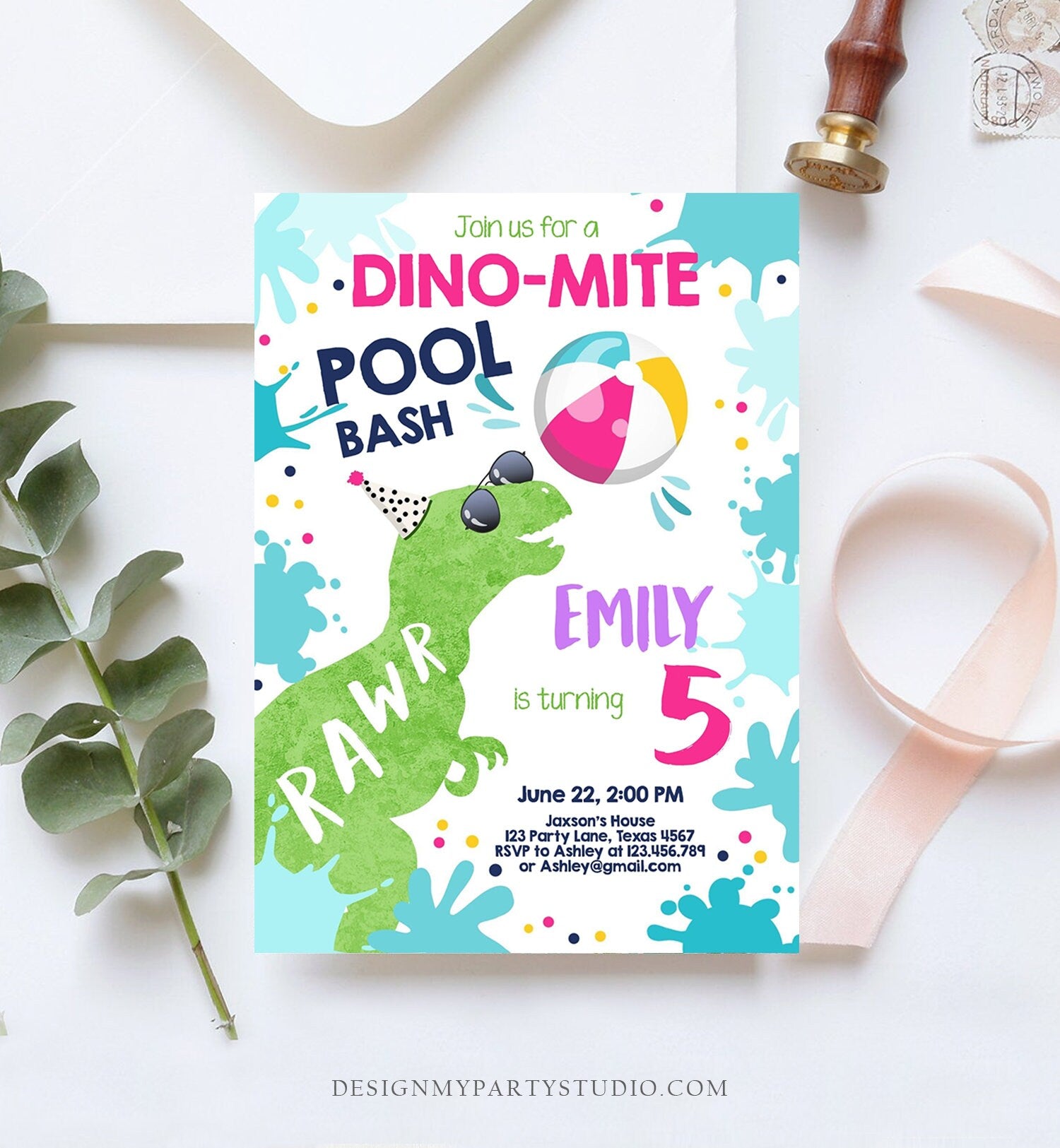 Editable Dinosaur Pool Party Birthday Invitation Dinosaur Birthday Dino T-Rex Girl Bash Download Printable Invitation Template Corjl 0305