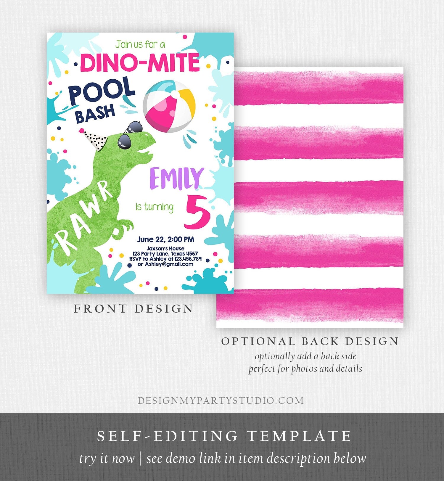 Editable Dinosaur Pool Party Birthday Invitation Dinosaur Birthday Dino T-Rex Girl Bash Download Printable Invitation Template Corjl 0305