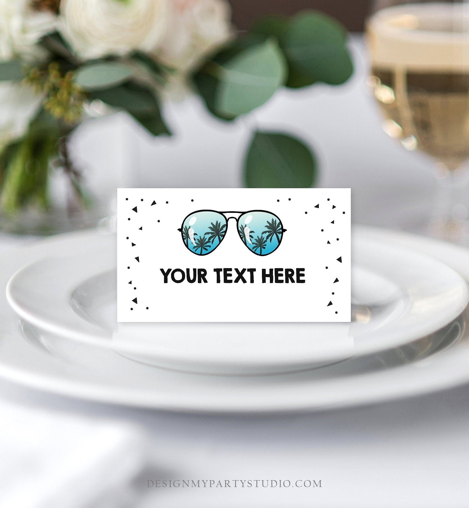 Editable Two Cool Food Labels Sunglasses Place Card Tent Card Escort Card 2nd Birthday Summer Pool Party Corjl Template Printable 0136