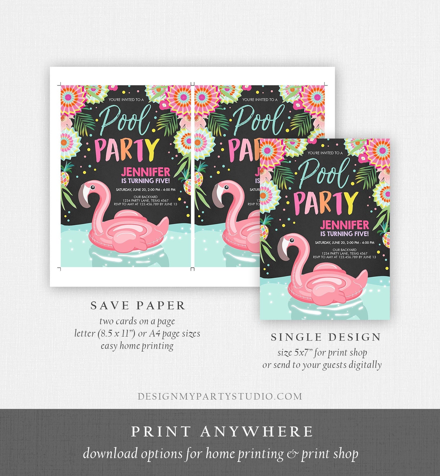 Editable Flamingo Pool Party Invitation Tropical Birthday Bash Splish Splash Summer Digital Download Evite Template Printable 0240