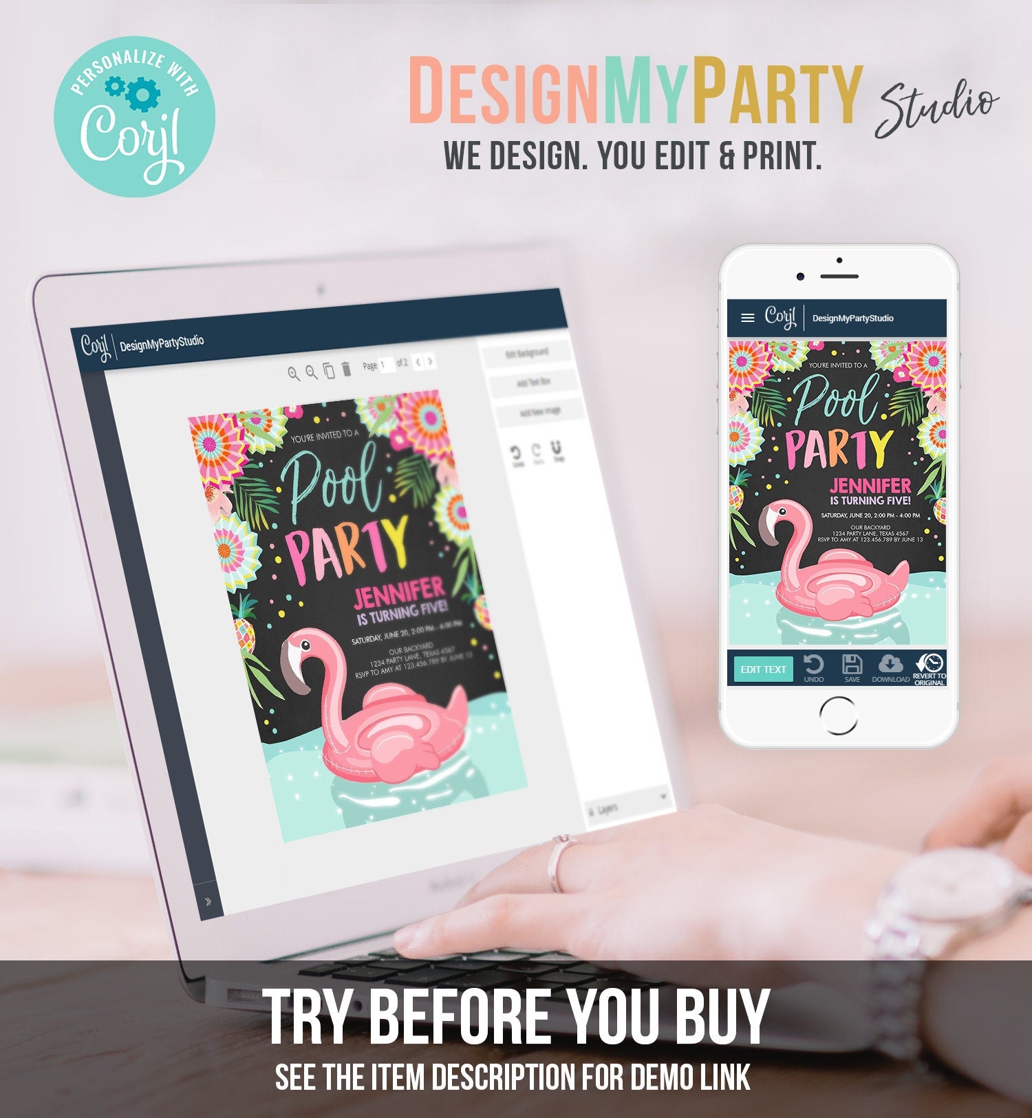 Editable Flamingo Pool Party Invitation Tropical Birthday Bash Splish Splash Summer Digital Download Evite Template Printable 0240