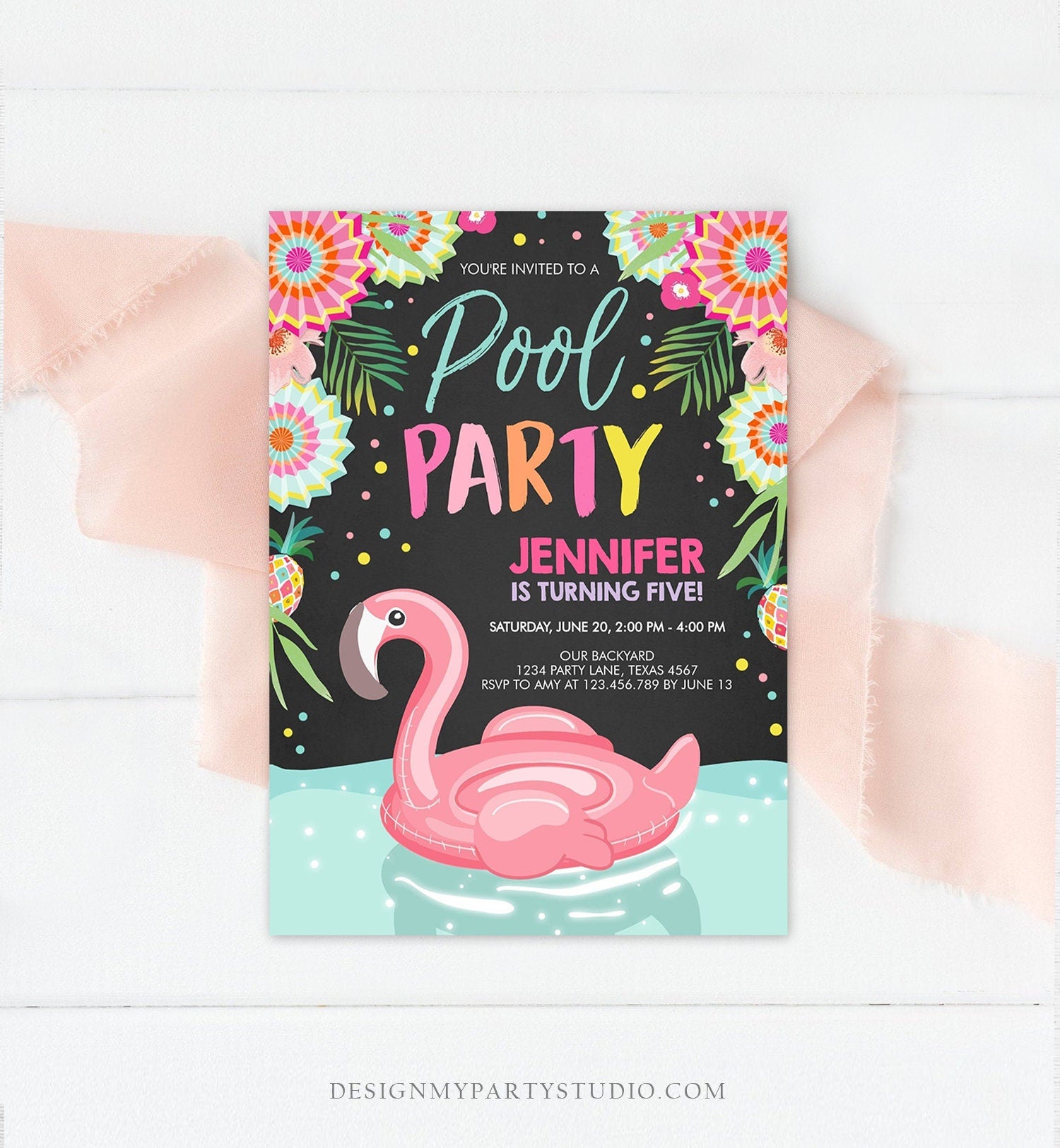 Editable Flamingo Pool Party Invitation Tropical Birthday Bash Splish Splash Summer Digital Download Evite Template Printable 0240