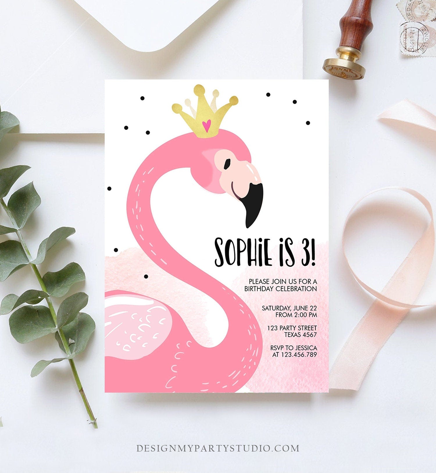 Editable Flamingo Birthday Invitation Tropical Party Invite Girls Summer Pink Gold Crown Instant Download Printable Template Corjl 0019