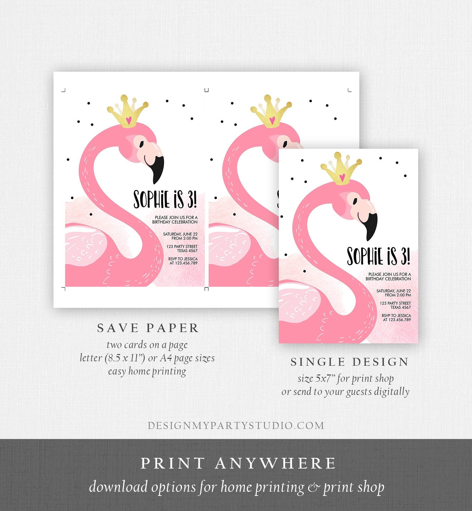 Editable Flamingo Birthday Invitation Tropical Party Invite Girls Summer Pink Gold Crown Instant Download Printable Template Corjl 0019