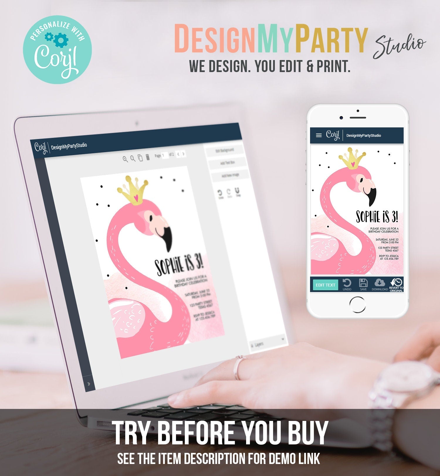 Editable Flamingo Birthday Invitation Tropical Party Invite Girls Summer Pink Gold Crown Instant Download Printable Template Corjl 0019