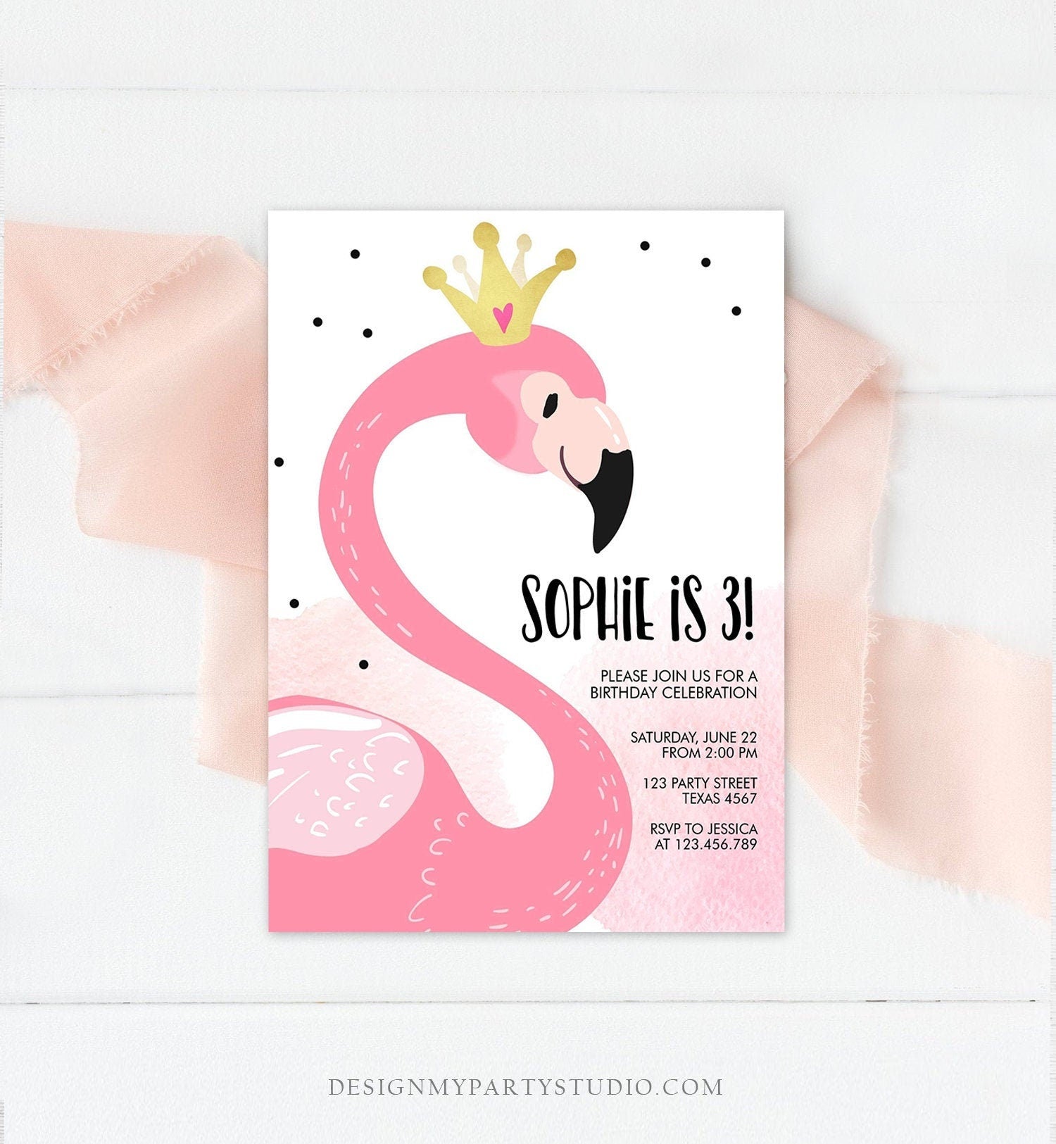 Editable Flamingo Birthday Invitation Tropical Party Invite Girls Summer Pink Gold Crown Instant Download Printable Template Corjl 0019