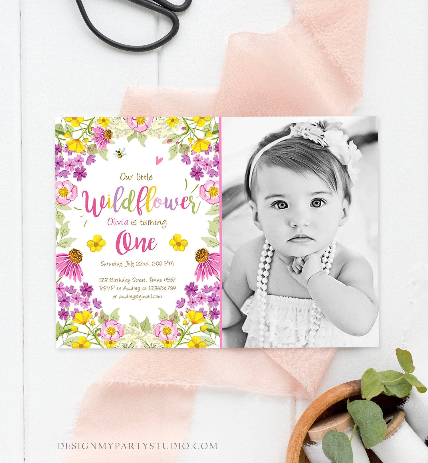 Editable Little Wildflower Birthday Invitation ANY AGE Floral Wild Flower Pink Girl First Birthday 1st Corjl Template Printable 0217