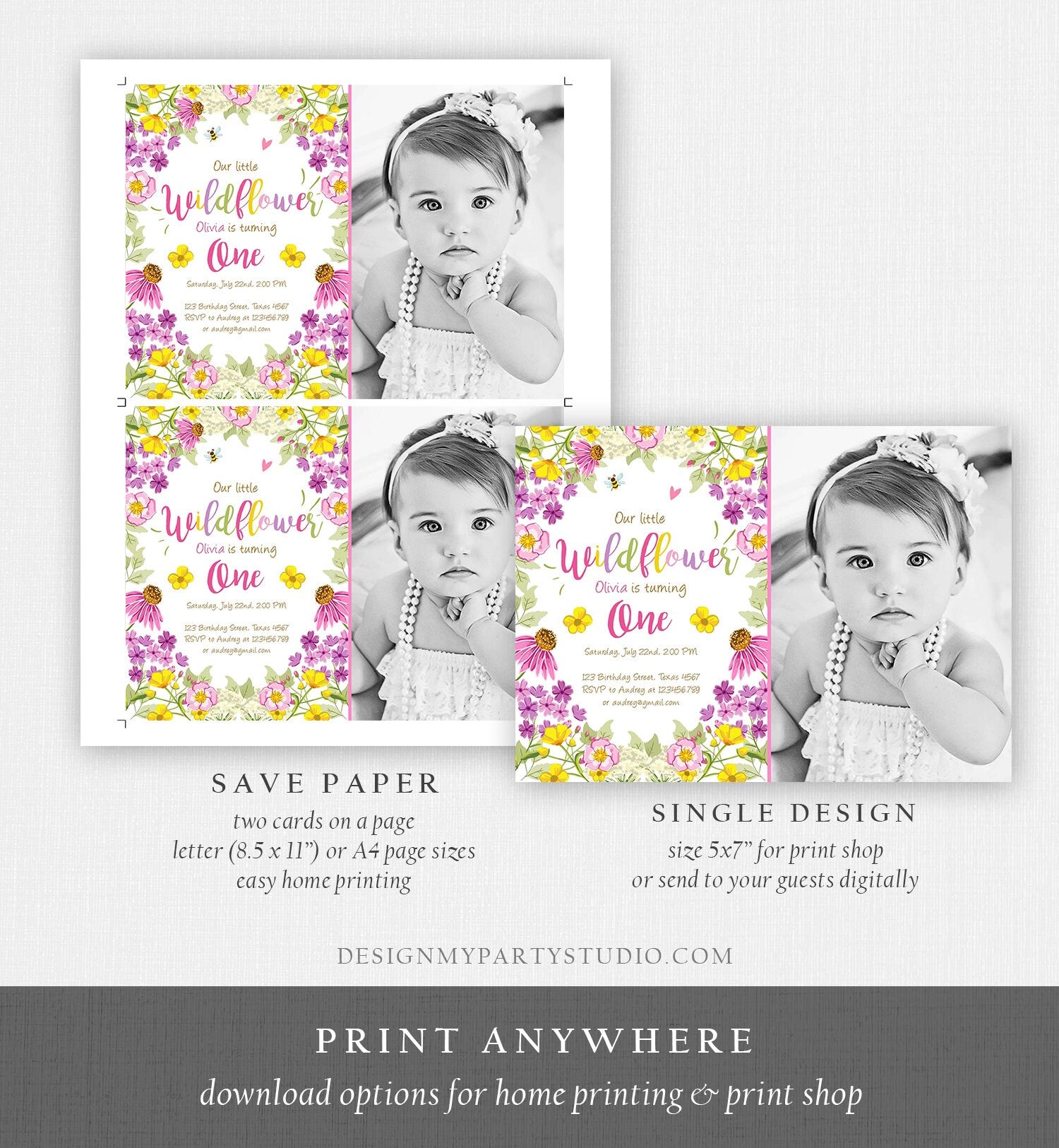 Editable Little Wildflower Birthday Invitation ANY AGE Floral Wild Flower Pink Girl First Birthday 1st Corjl Template Printable 0217