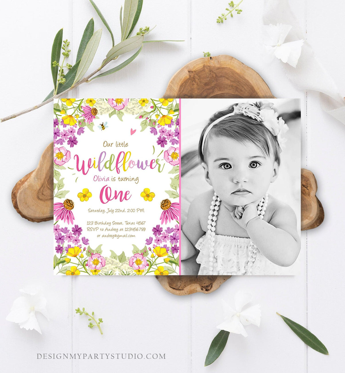 Editable Little Wildflower Birthday Invitation ANY AGE Floral Wild Flower Pink Girl First Birthday 1st Corjl Template Printable 0217