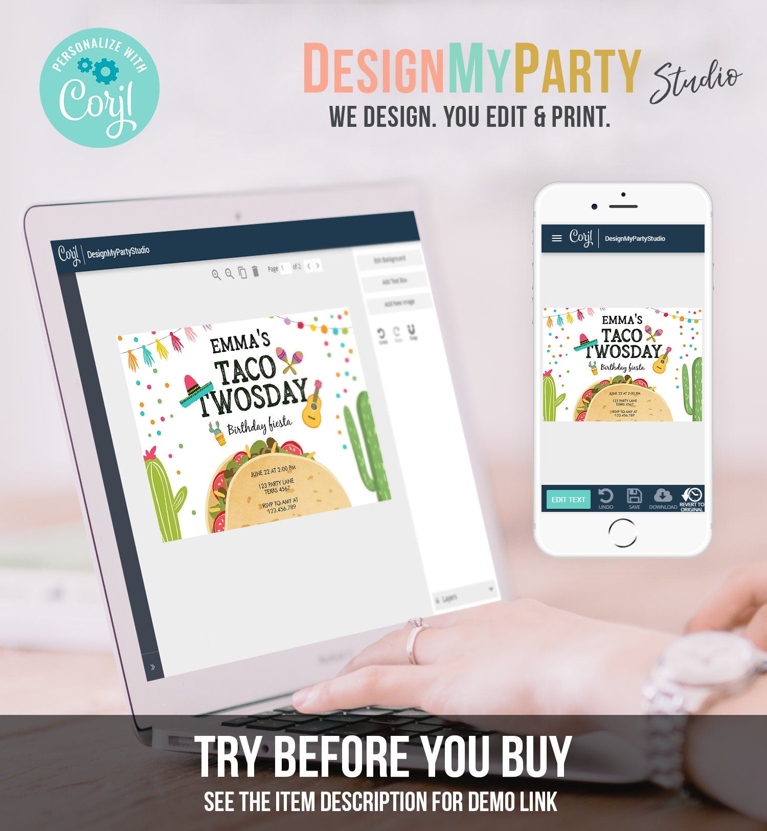 Editable Taco Twosday Invitation Mexican Twosday Birthday Fiesta 2nd Birthday Instant Download Printable Invitation Template Corjl 0161