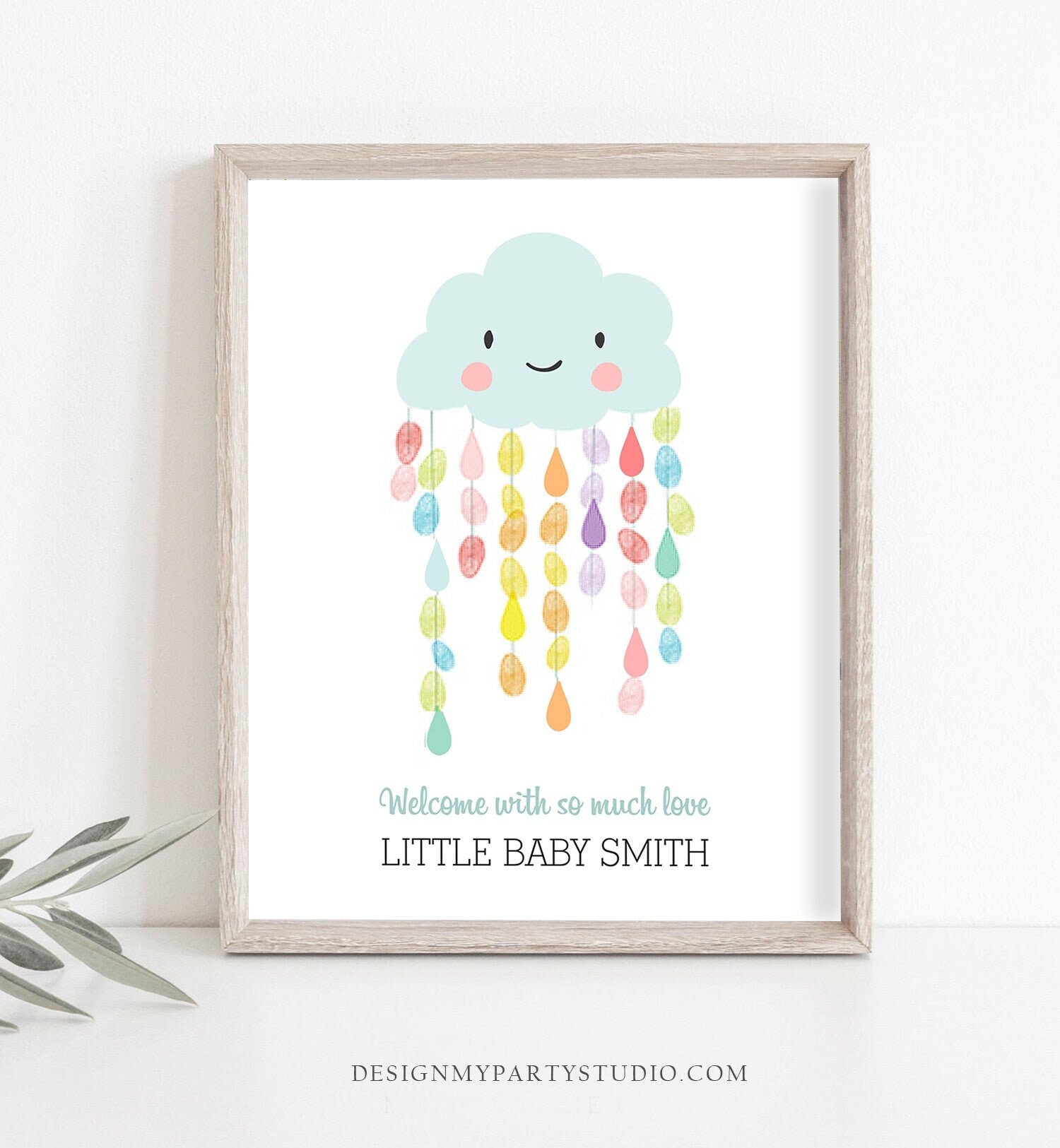 Editable Baby shower Fingerprint Guestbook Cloud Rain drop Thumbprint Guest Book Raindrops Sprinkle Neutral PRINTABLE Template Corjl 0036