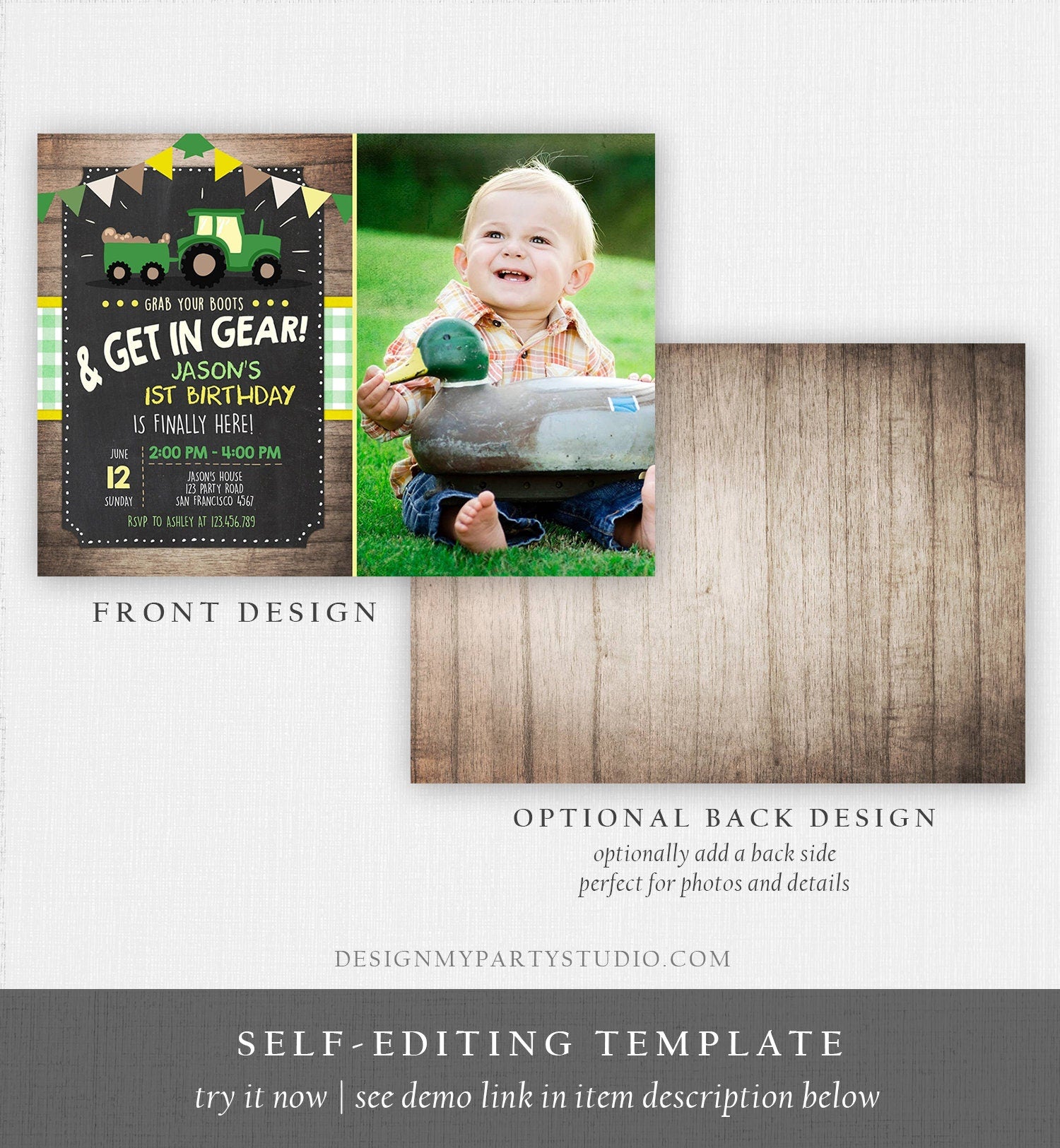 Editable Tractor Birthday Invitation Farm Birthday Barnyard Green Yellow Birthday Boy Download Printable Invitation Template Corjl 0095