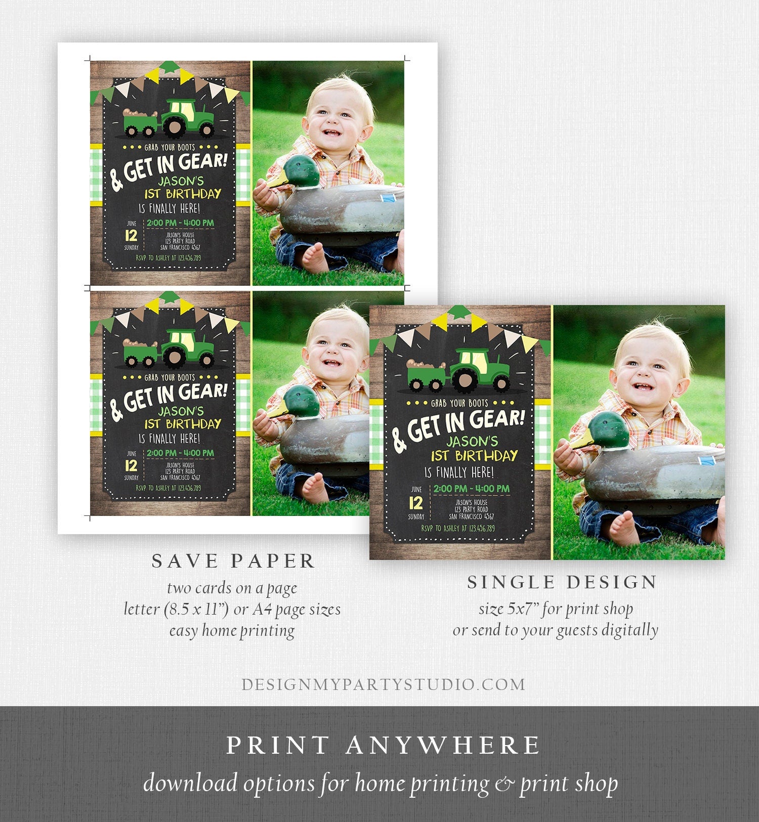 Editable Tractor Birthday Invitation Farm Birthday Barnyard Green Yellow Birthday Boy Download Printable Invitation Template Corjl 0095