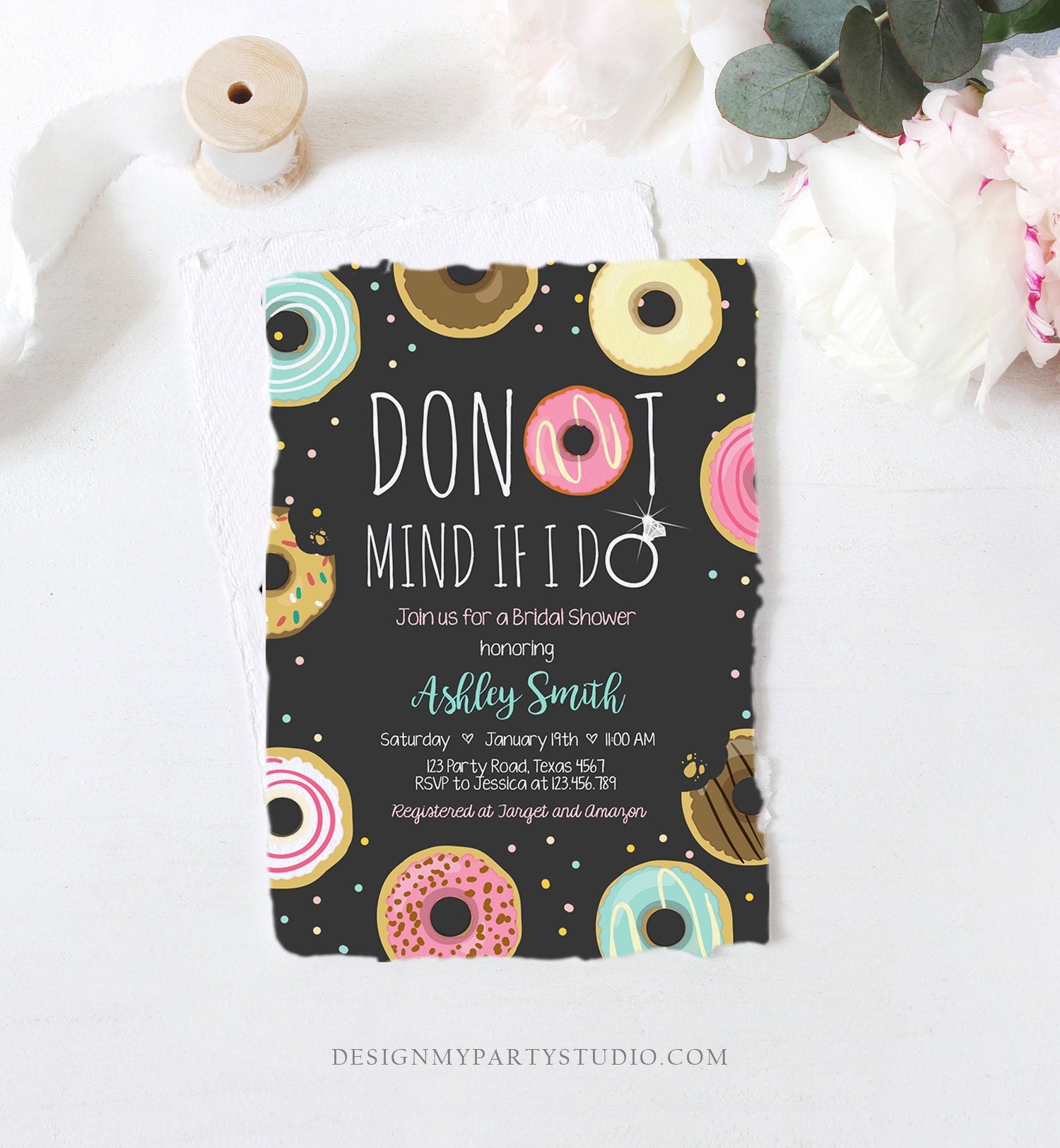 Editable Donut Mind If I Do Bridal Shower Invitation Sweet Pink Teal Ring Doughnut Donut and Diamonds Coed Joined Shower Corjl Template 0050