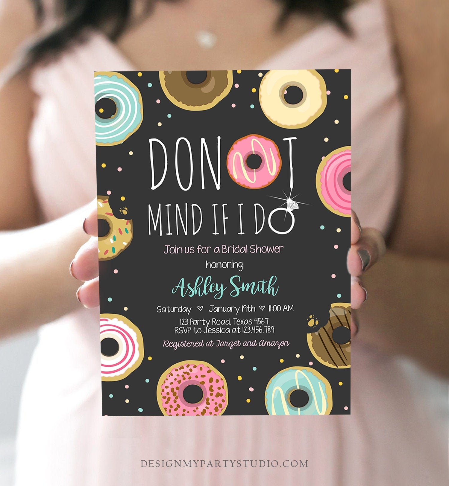 Editable Donut Mind If I Do Bridal Shower Invitation Sweet Pink Teal Ring Doughnut Donut and Diamonds Coed Joined Shower Corjl Template 0050