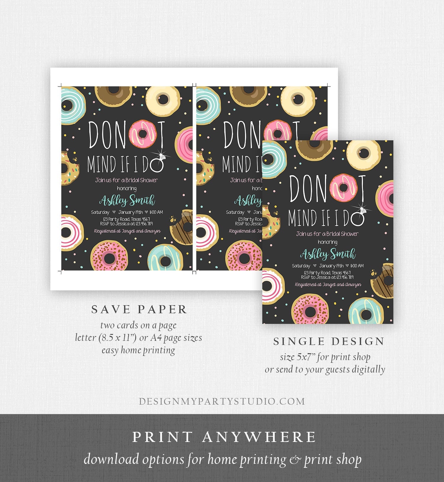 Editable Donut Mind If I Do Bridal Shower Invitation Sweet Pink Teal Ring Doughnut Donut and Diamonds Coed Joined Shower Corjl Template 0050