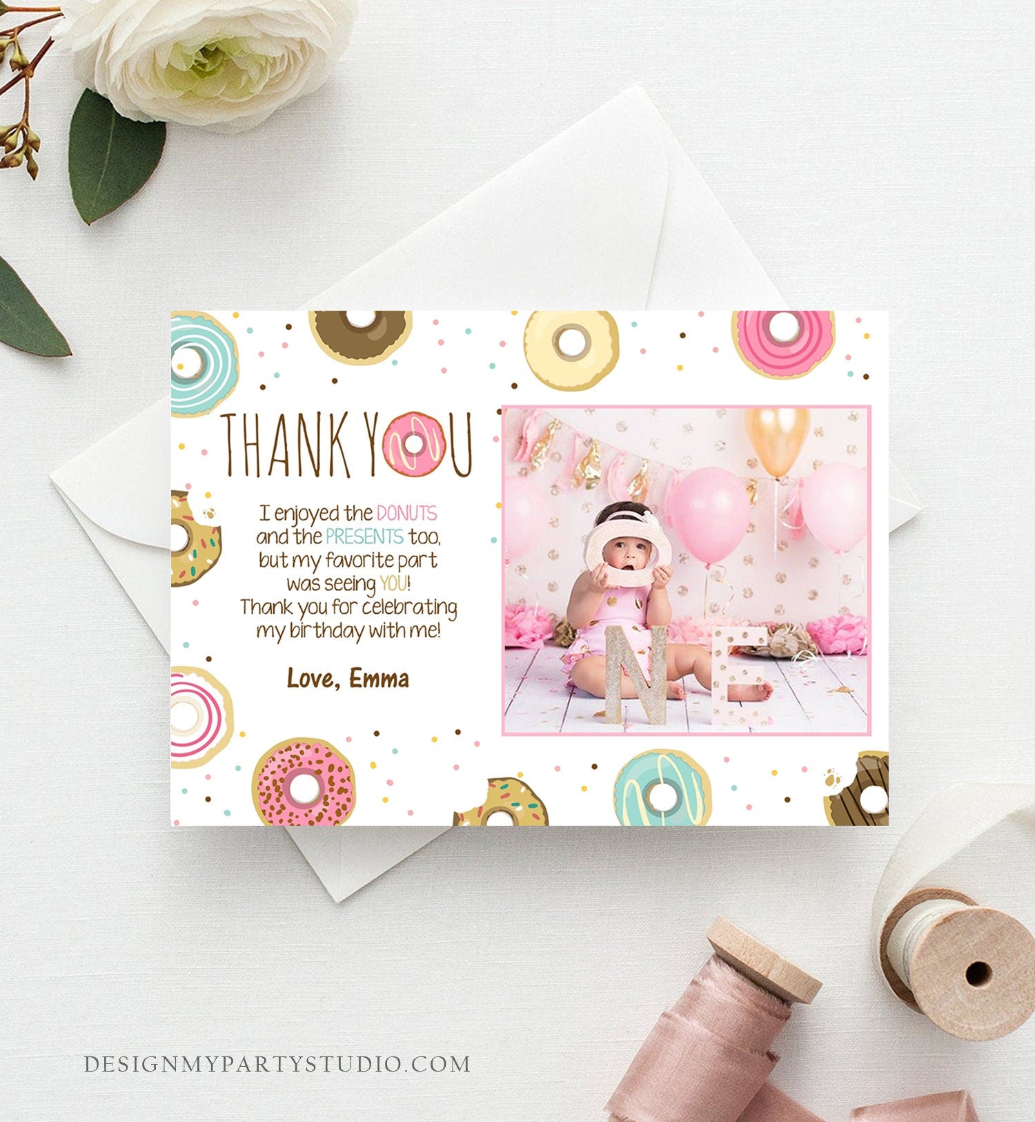 Editable Donut Thank You Card Note Pink Girl Birthday Party Doughnut Thank You Photo Sweet First 1st Digital Template Printable 0050