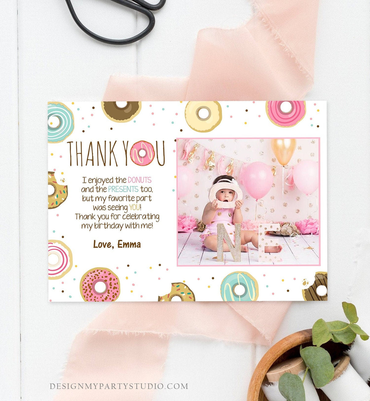 Editable Donut Thank You Card Note Pink Girl Birthday Party Doughnut Thank You Photo Sweet First 1st Digital Template Printable 0050