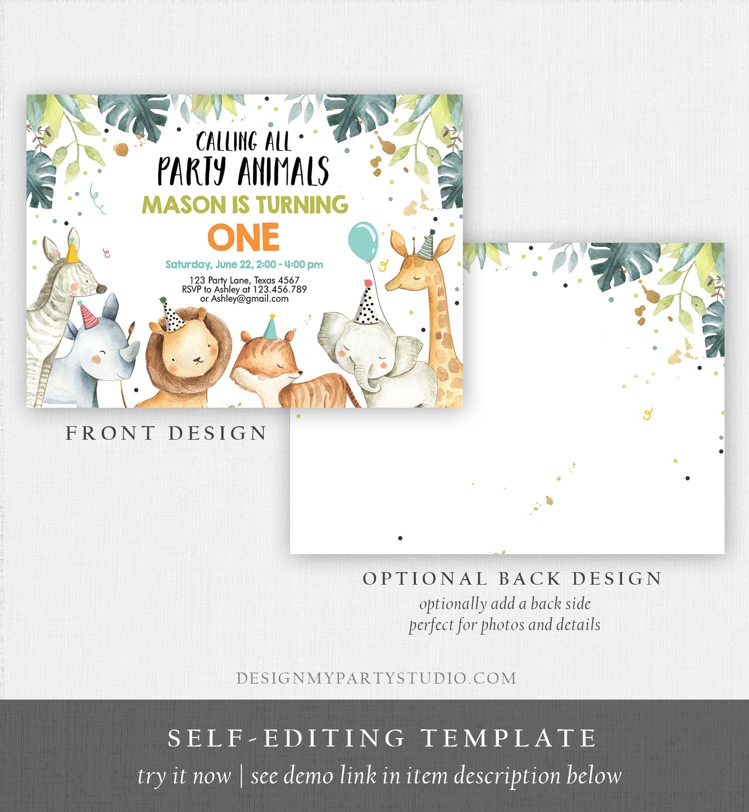 Editable Party Animals Birthday Invitation Wild One Animals Invitation Zoo Safari Animals Boy Download Printable Invite Template Corjl 0163