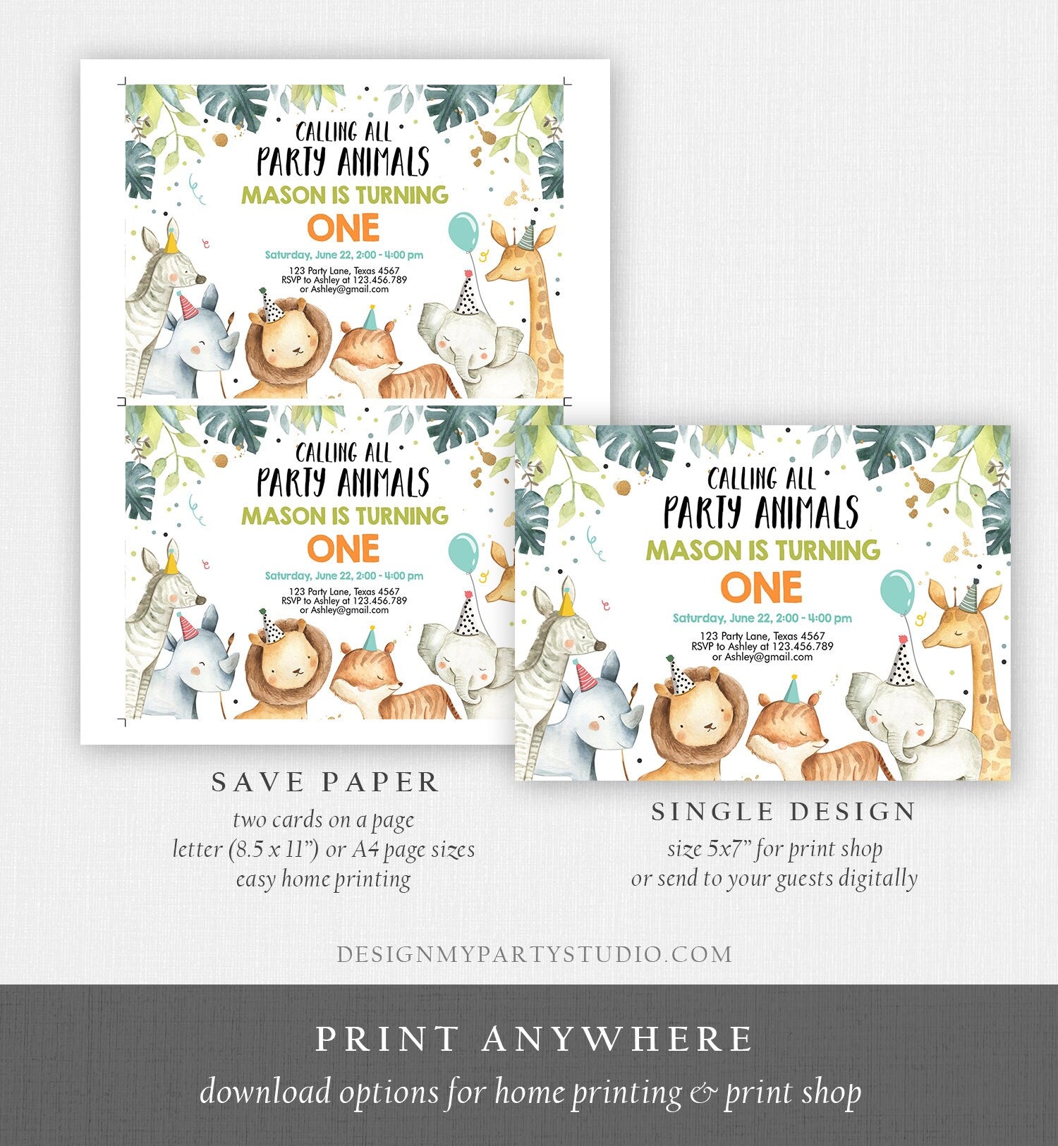 Editable Party Animals Birthday Invitation Wild One Animals Invitation Zoo Safari Animals Boy Download Printable Invite Template Corjl 0163