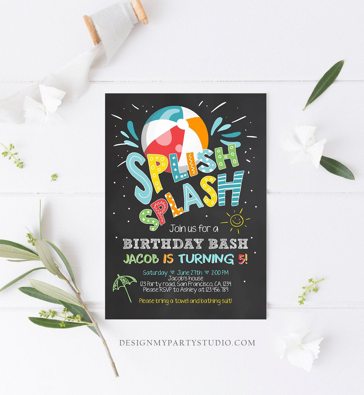 Editable Splish Splash Birthday Invitation Pool Party Boy Beach Ball Blue Birthday Bash Download Evite Template Corjl Printable 0169