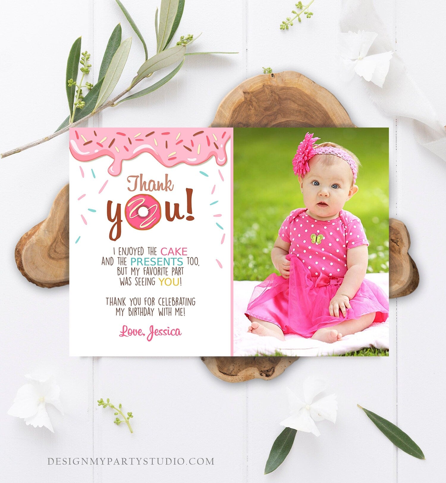 Editable Donut Thank You Card Note Pink Girl Birthday Party Doughnut Thank You Photo Sweet First Birthday 1st Corjl Template Printable 0050