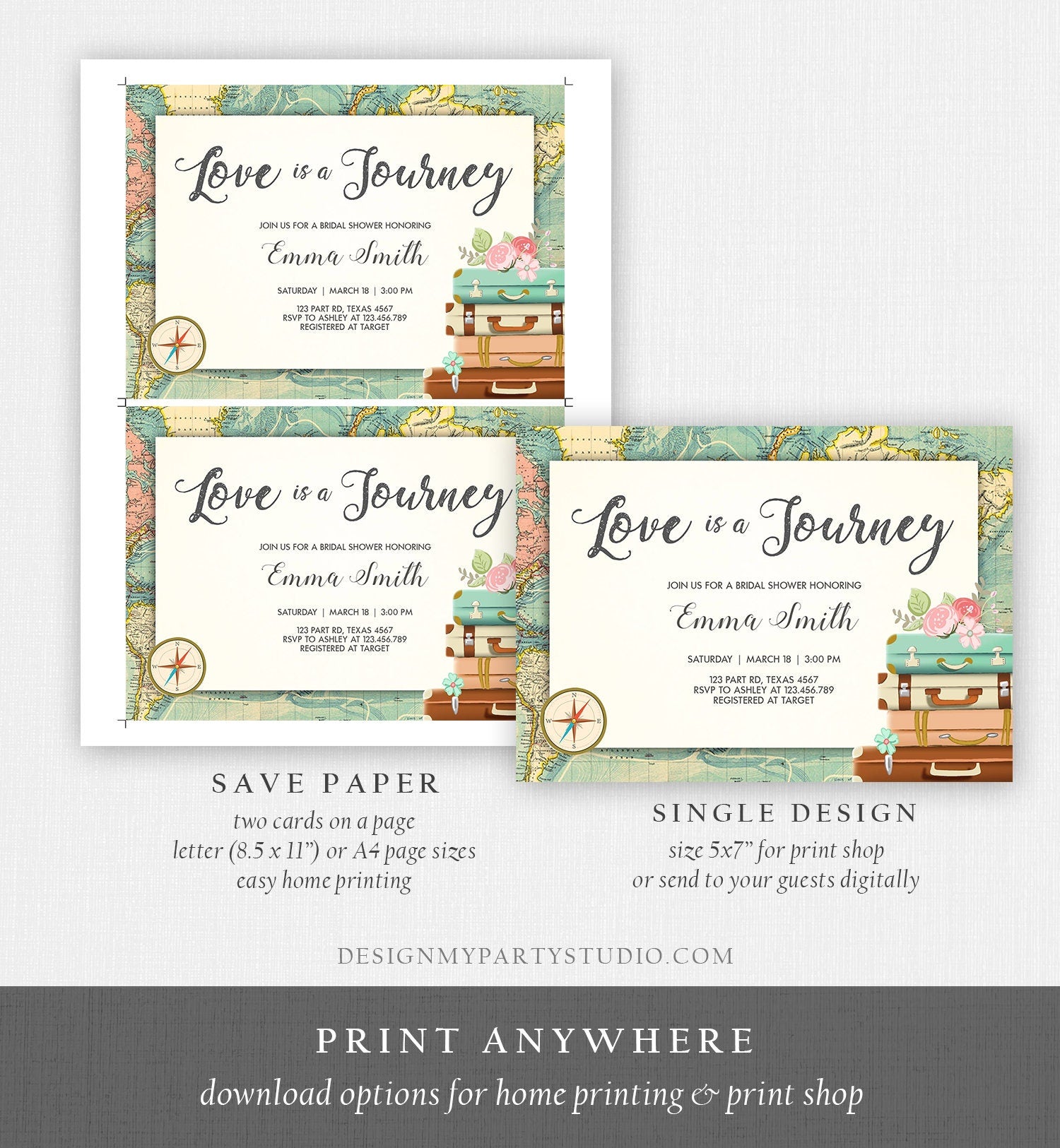 Editable Love is a Journey Bridal Shower Invitation World Map Suitcase Vintage Adventure Download Printable Template Corjl Digital 0044