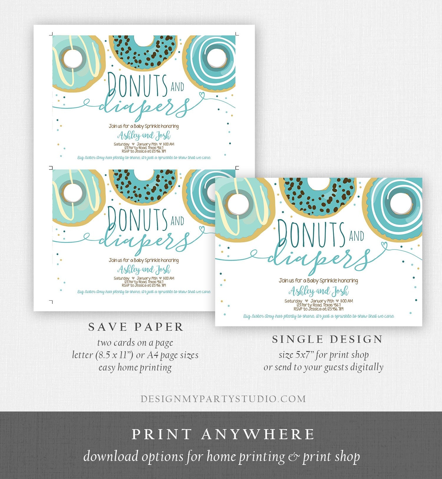 Editable Donuts and Diapers Baby Shower Invitation Sprinkle Sprinkled With Love Coed Boy Blue Pastel Download Printable Corj Template 0050