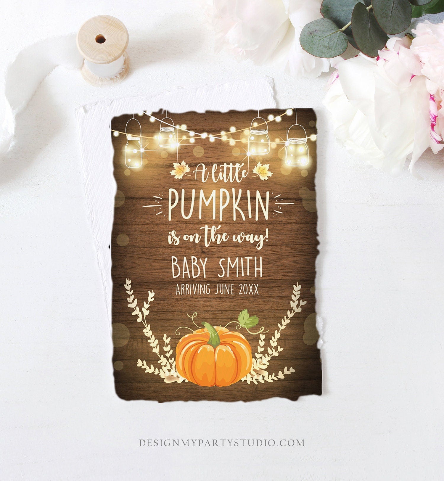 Editable Pumpkin Pregnancy Announcement Little Pumpkin On The Way Fall Wood Autumn Baby Arriving Download Corjl Template Printable 0015