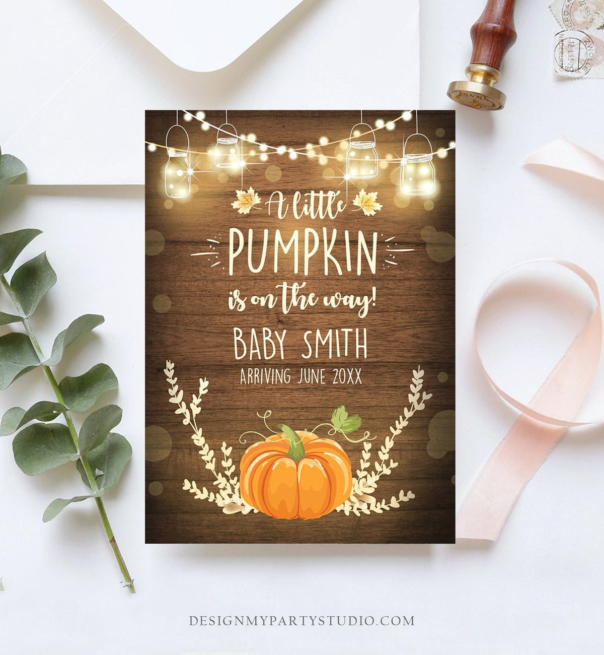 Editable Pumpkin Pregnancy Announcement Little Pumpkin On The Way Fall Wood Autumn Baby Arriving Download Corjl Template Printable 0015