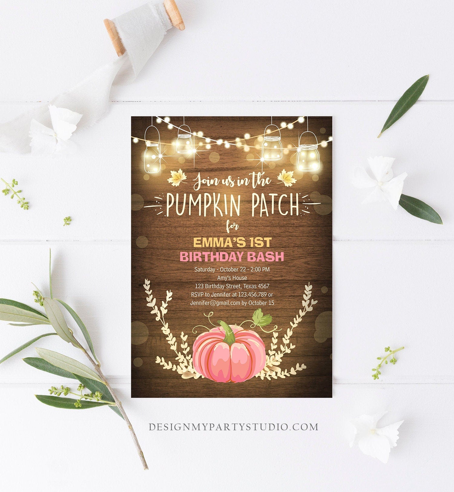 Editable Little Pumpkin Birthday Invitation Pink Pumpkin Patch Autumn Fall Rustic Girl 1st First Birthday Corjl Invitation Printable 0015