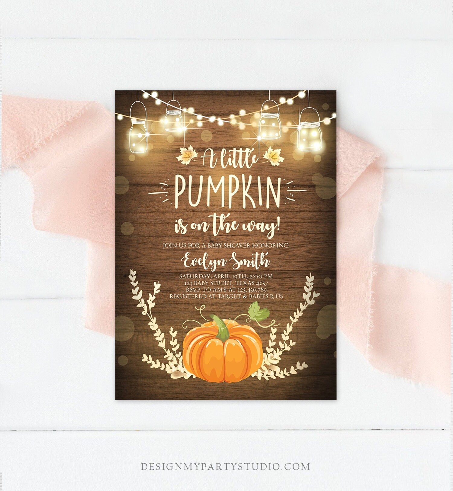 Editable Little Pumpkin Baby Shower Invitation Orange Pumpkin Patch Autumn Fall Rustic Boy Girl Sprinkle Corjl Template Printable 0015