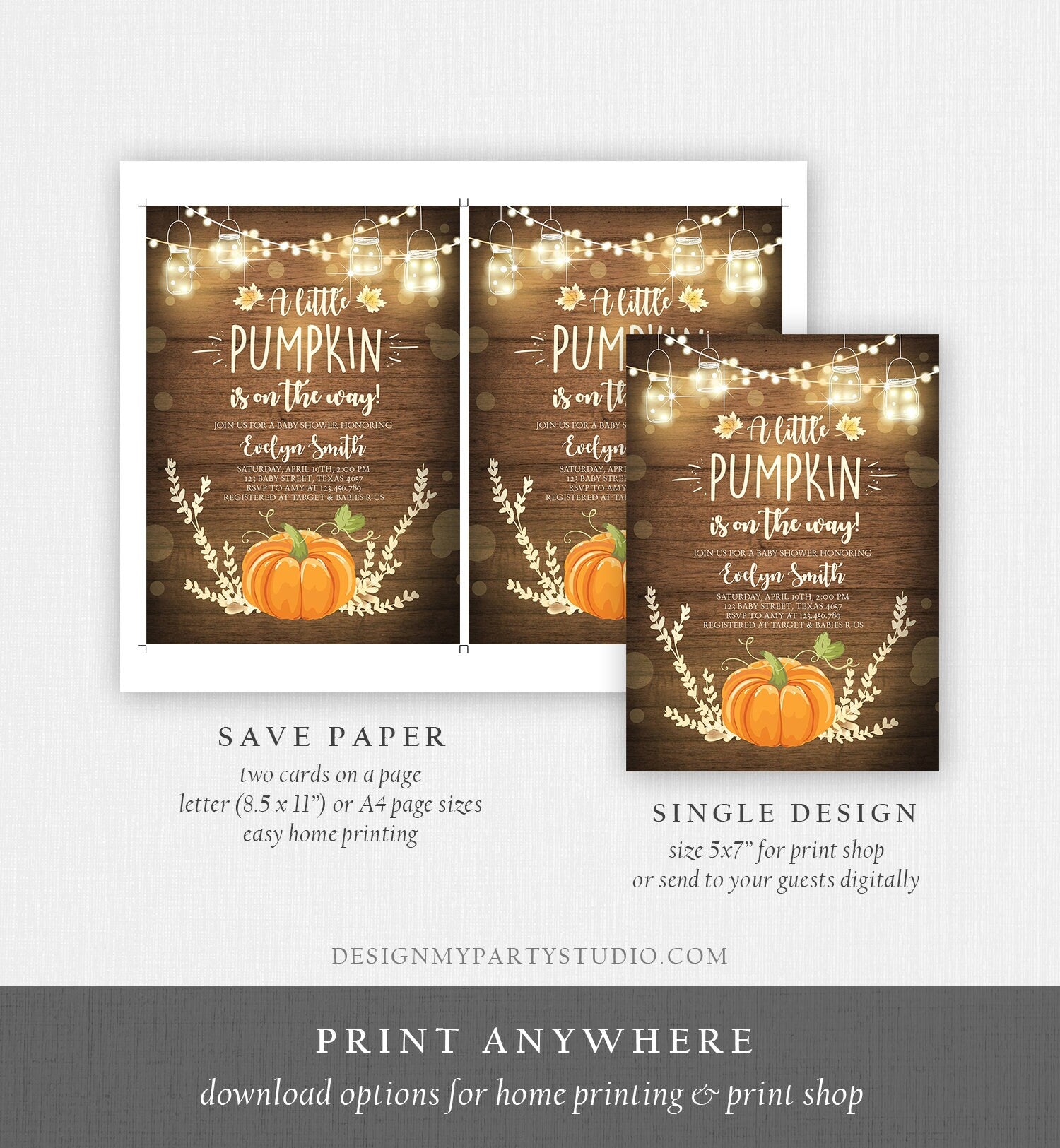 Editable Little Pumpkin Baby Shower Invitation Orange Pumpkin Patch Autumn Fall Rustic Boy Girl Sprinkle Corjl Template Printable 0015