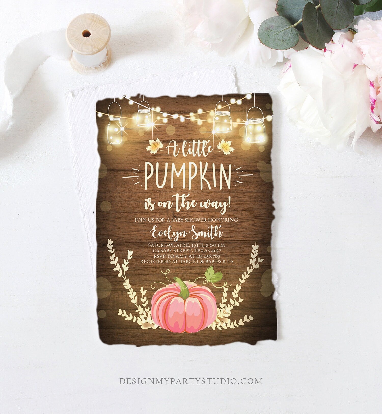 Editable Little Pumpkin Baby Shower Invitation Pink Pumpkin Patch Autumn Fall Rustic Baby Girl Sprinkle Corjl Template Printable 0015