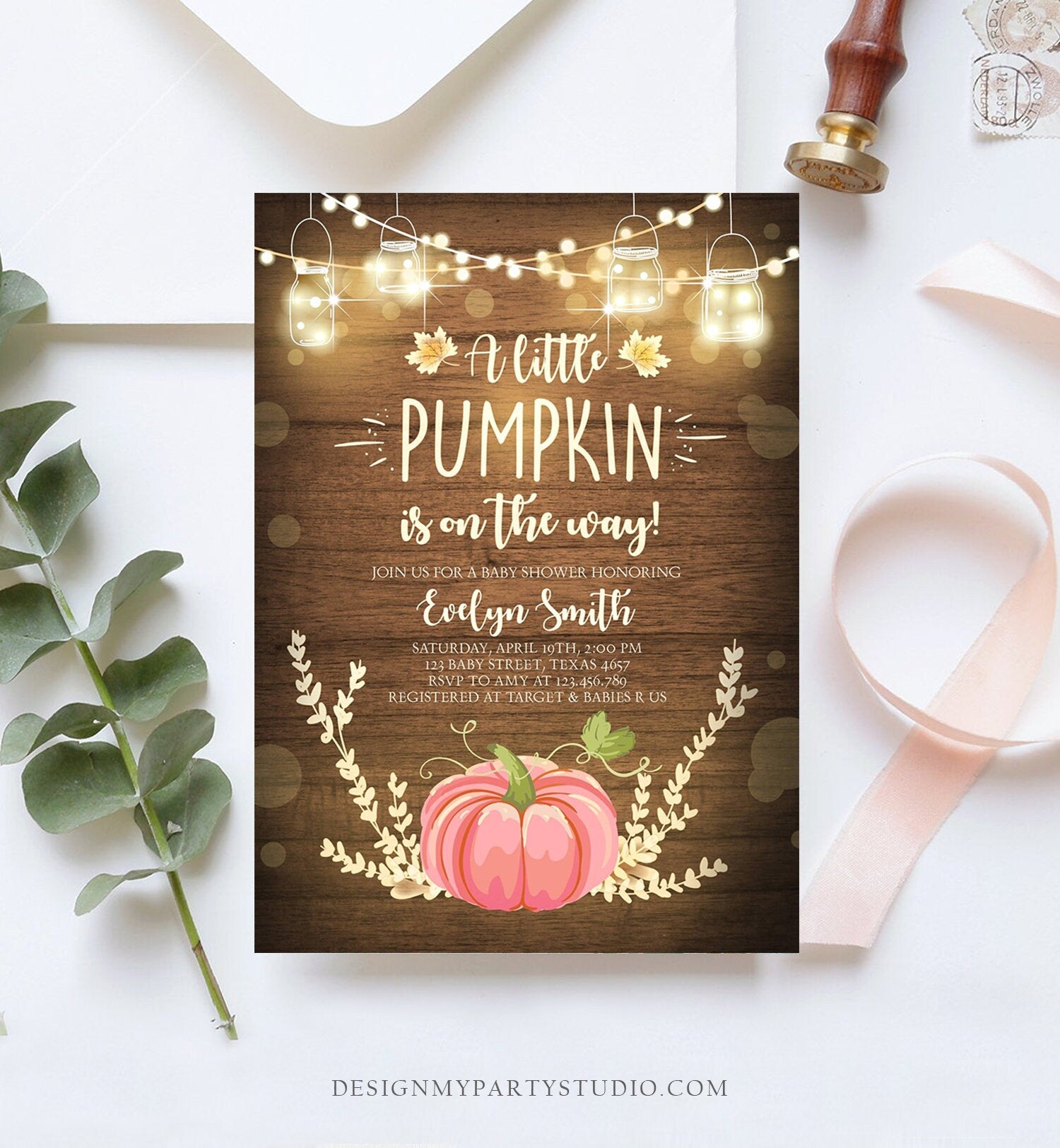 Editable Little Pumpkin Baby Shower Invitation Pink Pumpkin Patch Autumn Fall Rustic Baby Girl Sprinkle Corjl Template Printable 0015