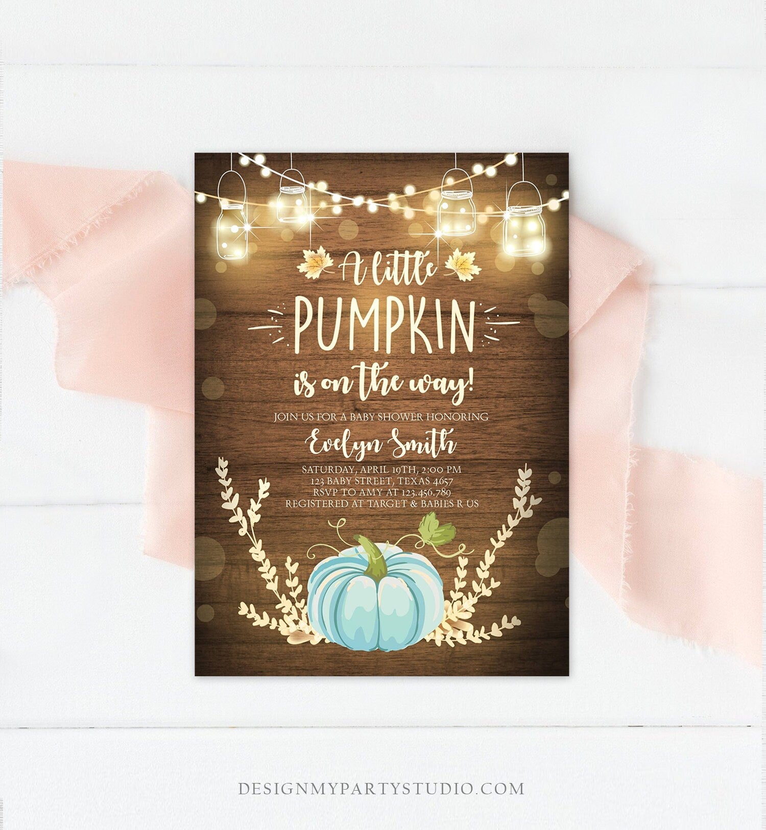 Editable Little Pumpkin Baby Shower Invitation Blue Pumpkin Patch Autumn Fall Rustic Baby Boy Sprinkle Corjl Template Printable 0015