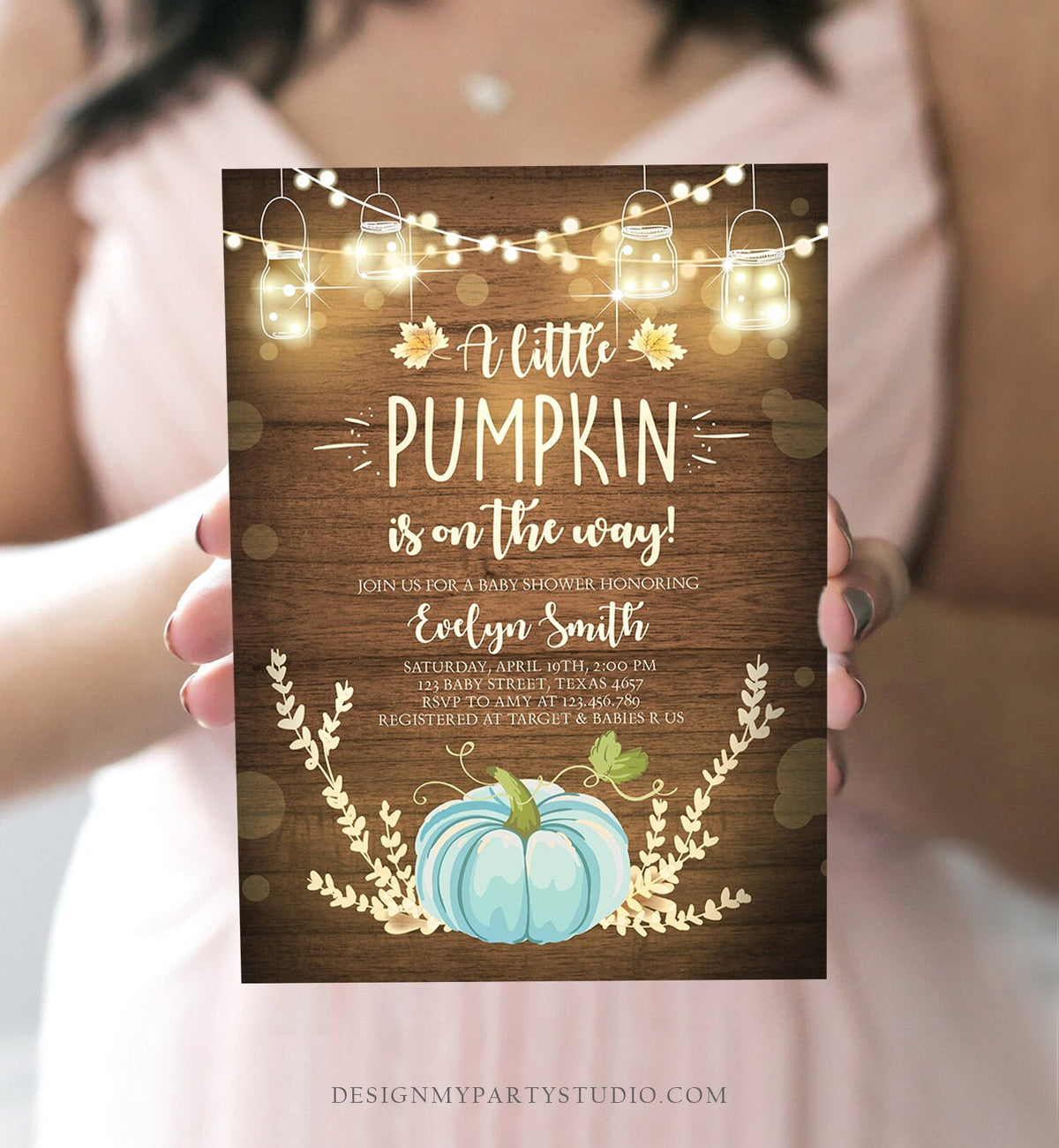 Editable Little Pumpkin Baby Shower Invitation Blue Pumpkin Patch Autumn Fall Rustic Baby Boy Sprinkle Corjl Template Printable 0015