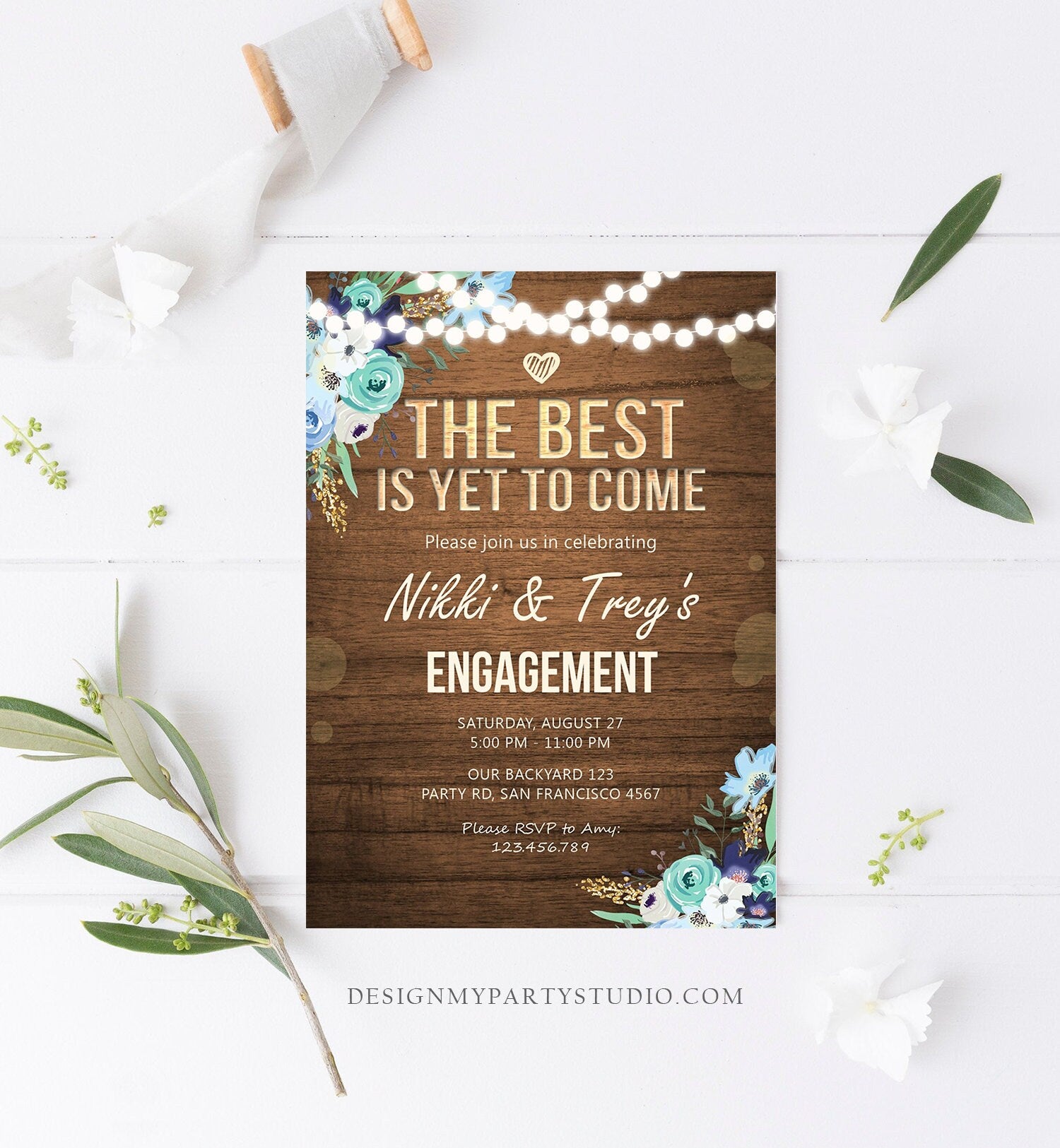 Editable Rustic Engagement Party Invitation Wood String Lights Best Is Yet To Come Navy Blue Floral Download Corjl Template Printable 0015