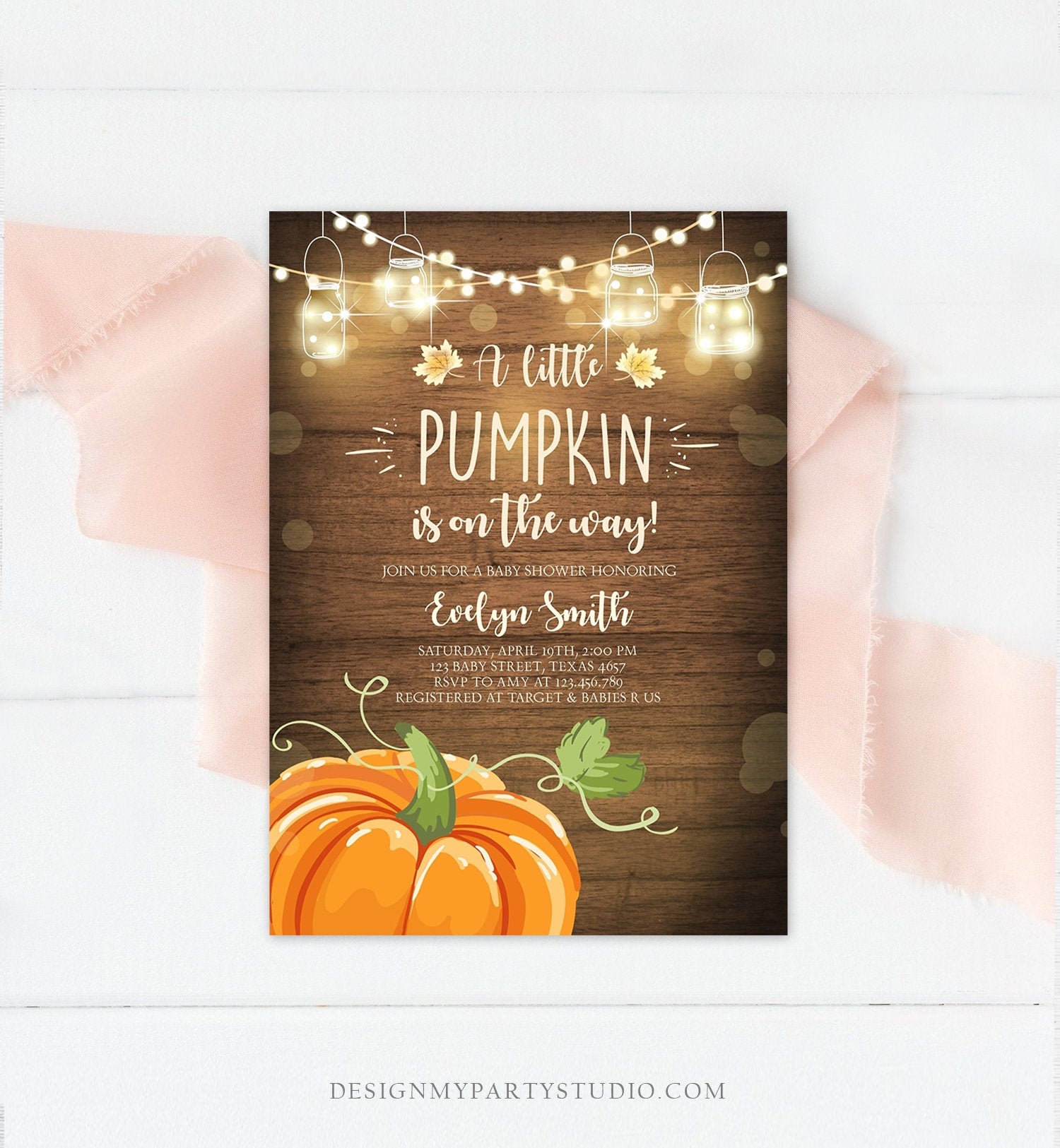 Editable Little Pumpkin Baby Shower Invitation Orange Pumpkin Patch Autumn Fall Rustic Baby Boy Girl Sprinkle Corjl Template Printable 0015