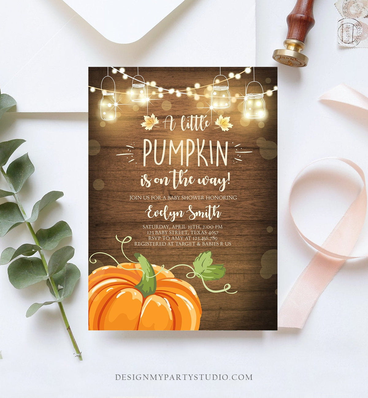 Editable Little Pumpkin Baby Shower Invitation Orange Pumpkin Patch Autumn Fall Rustic Baby Boy Girl Sprinkle Corjl Template Printable 0015