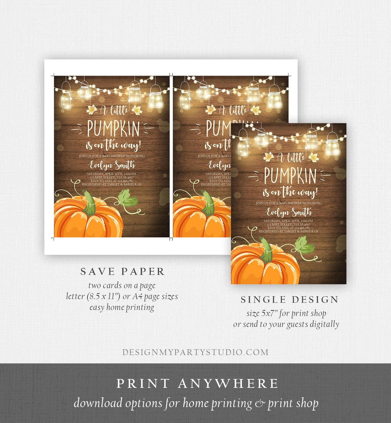 Editable Little Pumpkin Baby Shower Invitation Orange Pumpkin Patch Autumn Fall Rustic Baby Boy Girl Sprinkle Corjl Template Printable 0015