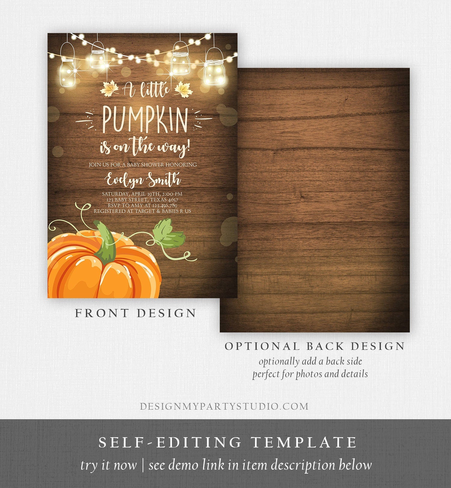 Editable Little Pumpkin Baby Shower Invitation Orange Pumpkin Patch Autumn Fall Rustic Baby Boy Girl Sprinkle Corjl Template Printable 0015