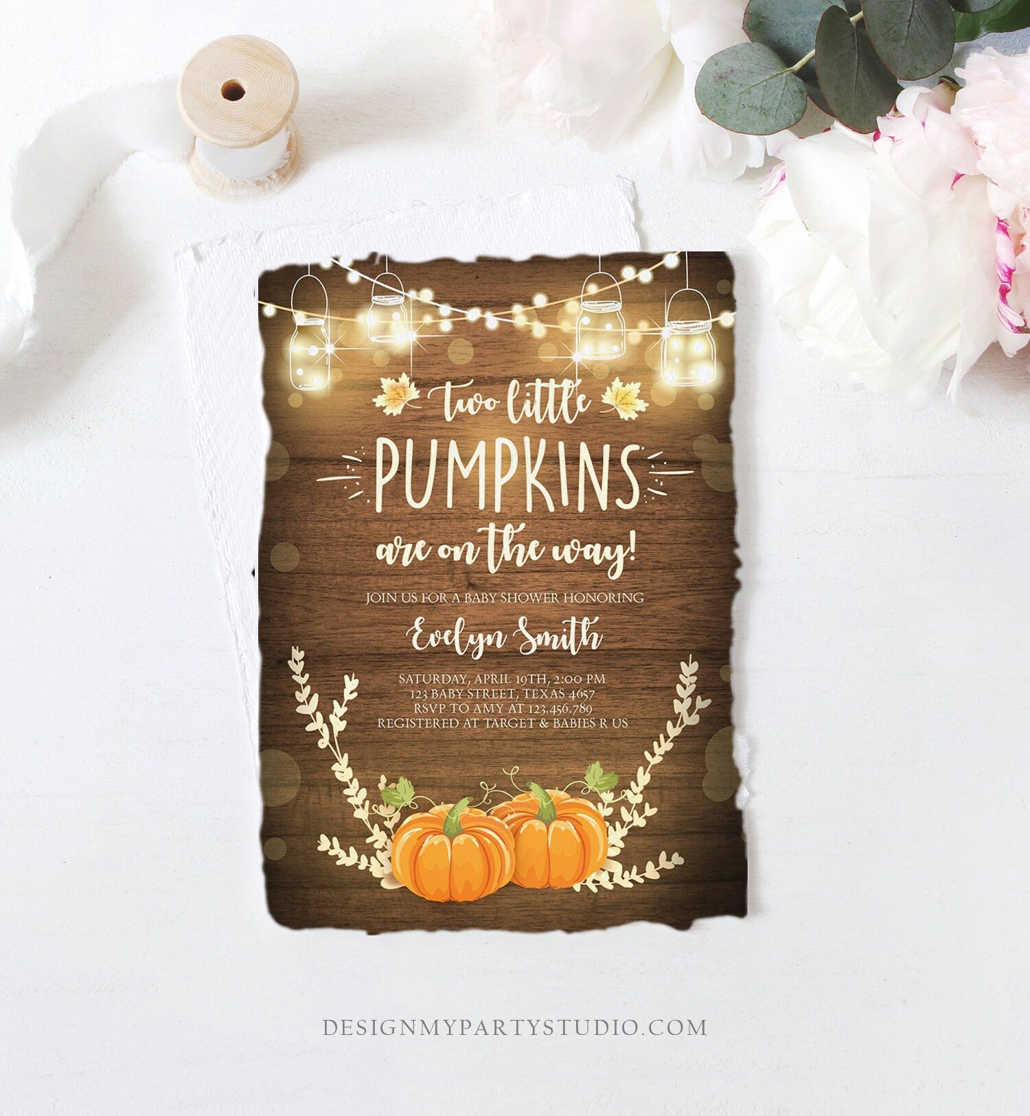 Editable Two Little Pumpkins Baby Shower Invitation Twins Orange Pumpkin Patch Autumn Fall Rustic Sprinkle Corjl Template Printable 0015