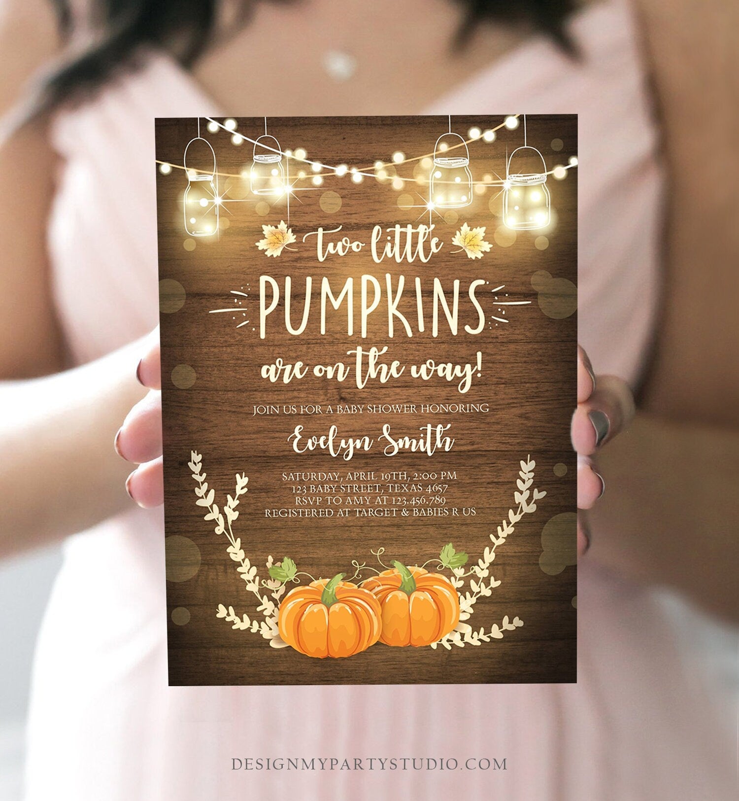 Editable Two Little Pumpkins Baby Shower Invitation Twins Orange Pumpkin Patch Autumn Fall Rustic Sprinkle Corjl Template Printable 0015